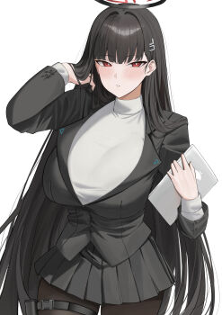 1girl absurdres black_hair black_halo black_jacket black_skirt blue_archive blunt_bangs blush breasts bright_pupils hair_ornament hairclip halo highres holding holding_tablet_pc holster jacket large_breasts long_hair looking_at_viewer multicolored_halo pantyhose parted_lips pleated_skirt red_eyes red_halo ref_(pmxt4483) rio_(blue_archive) skirt solo sweater tablet_pc thigh_holster turtleneck turtleneck_sweater two-tone_halo very_long_hair white_pupils white_sweater