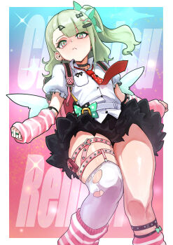 1girl absurdres arm_warmers asymmetrical_bangs backpack bag black_skirt chinatsu_remiel choker closed_mouth commentary earrings gradient_eyes green_eyes green_hair hair_ornament hairpin highres jewelry kure_(otakami999) leg_warmers long_hair looking_at_viewer multicolored_eyes multiple_hairpins musical_note_earrings necktie pink_bag pink_eyes randoseru red_necktie shirt side_ponytail single_leg_warmer single_thighhigh skirt solo striped_arm_warmers thick_thighs thigh_strap thighhighs thighs torn_clothes torn_thighhighs white_shirt white_thighhighs winged_bag zenless_zone_zero