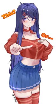 1girl absurdres blue_eyes blue_hair blue_skirt blush bow bow_choker breasts choker covering_breasts covering_privates crop_top crop_top_overhang cropped_shirt diguo_keran_wu english_text feet_out_of_frame fingernails hair_ornament hairclip highres kind_mita_(miside) long_hair long_sleeves looking_at_viewer medium_breasts meme midriff miniskirt miside mita_(miside) mixed-language_commentary navel one_finger_selfie_challenge_(meme) open_mouth pleated_skirt red_bow red_choker red_shirt red_thighhighs shirt simple_background skirt solo standing thighhighs thighs white_background