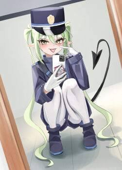 1girl :p absurdres akanbe black_boots black_hat black_jacket black_shorts blue_archive blush boots cellphone character_print chinese_commentary closed_mouth commentary_request demon_girl demon_tail doodle_sensei_(blue_archive) dutch_angle eyelid_pull full-length_mirror full_body glint gloves green_hair hair_between_eyes hands_up hat highres holding holding_phone index_finger_raised indoors jacket kensiejan long_hair long_sleeves looking_at_viewer mirror nozomi_(blue_archive) on_floor pantyhose peaked_cap phone pointy_ears reflection selfie sensei_(blue_archive) shorts smartphone smile solo squatting tail tail_raised tongue tongue_out twintails very_long_hair white_gloves white_pantyhose yellow_eyes