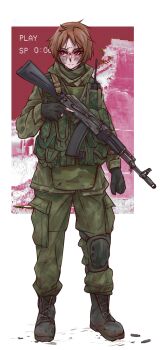 1girl abstract_background ak-74m ammunition_pouch androgynous assault_rifle averting_eyes bandage_on_face bandages black_boots body_armor boots brown_hair buckle cargo_pants cleaning_rod clenched_hand closed_mouth combat_boots commentary cross dirty dirty_face emr_camouflage english_commentary eyeliner eyes_visible_through_hair fingerless_gloves folding_stock framed full_body glitch gloves green_jacket green_pants gun gun_sling highres holding holding_gun holding_weapon hood hood_down hooded_jacket jacket kalashnikov_rifle knee_pads lace-up_boots latin_cross light_frown load_bearing_vest long_sleeves makeup military_combat_uniform military_jacket military_uniform multicolored_background on_ground original pants pants_tucked_in pocket pouch red_background red_eyeliner red_eyes rifle shell_casing short_hair single_knee_pad snap-fit_buckle soldier solo trigger_discipline tsurime unhappy vhs_artifacts walkie-talkie weapon white_background zap-nik