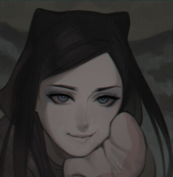 1girl aconitea black_hair blue_eyes ergo_proxy eyeshadow female_focus head_rest lips makeup mittens portrait re-l_mayer smile solo