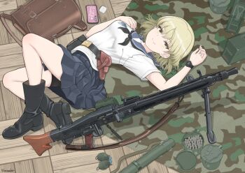 1girl bag belt black_belt black_boots black_sailor_collar black_skirt blonde_hair boots breasts cellphone commentary_request explosive grenade gun handgun looking_at_viewer lying machine_gun medium_breasts mg42 original phone sailor_collar savankov school_bag school_uniform shirt short_hair skirt smile walther walther_p38 watch weapon weapon_request white_shirt wristwatch yellow_eyes