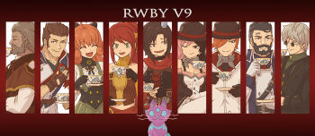 4girls 5boys :d ahoge bare_shoulders beard belt black_corset black_gloves black_hair black_hat black_jacket boots bowler_hat brown_belt brown_eyes brown_gloves brown_hair cape cat closed_eyes closed_mouth clover_ebi commentary_request copyright_name corset cup curious_cat_(rwby) curly_hair drinking eyelashes facial_hair fingerless_gloves freckles frown gloves green_eyes green_shirt green_skirt grey_hair grey_scarf hair_over_one_eye hand_on_own_chest hat hat_feather holding holding_cup holding_plate jacket james_ironwood leonardo_lionheart long_hair moai_(moai_world) multicolored_hair multiple_boys multiple_girls neopolitan_(rwby) one_eye_closed open_clothes open_jacket open_mouth orange_hair pants penny_polendina pink_hair plate ponytail power_symbol professor_ozpin pyrrha_nikos red_cape roman_torchwick round_eyewear ruby_rose rwby scarf shirt short_hair skirt smile split-color_hair spoilers sunglasses suspenders sweatdrop teacup turtleneck white_gloves white_jacket white_pants white_shirt