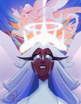 2girls absurdly_long_hair angel angel_wings beak bird_girl blonde_hair dress furry furry_female glowing glowing_eyes halo hazbin_hotel hellaverse highres long_hair multiple_girls pompetrichor sera_(hazbin_hotel) speaker_of_god_(hazbin_hotel) very_long_hair white_dress white_hair wings