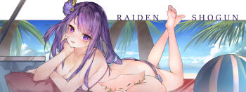 1girl absurdres barefoot beach bikini blue_sky blunt_bangs blush breasts butt_crack character_name chouchou_(austin) cleavage cloud cloudy_sky commentary genshin_impact hair_ornament head_tilt highres long_hair looking_at_viewer lying multicolored_eyes multicolored_hair ocean on_stomach open_mouth outdoors palm_tree purple_bikini purple_eyes purple_hair raiden_shogun shade sky swimsuit tree water yae_miko yae_miko_(fox)