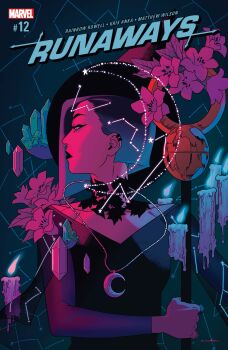 1girl absurdres aqua_background artist_name black_dress black_lips blue_hair candle comic_cover constellation copyright_logo copyright_name cover cover_page crescent crescent_necklace crystal dress face_piercing flower gradient_hair highres holding holding_staff jewelry kris_anka logo looking_to_the_side makeup marvel multicolored_hair multiple_piercings necklace nico_minoru nose_piercing nose_ring official_art piercing pink_flower profile purple_hair ring runaways_(marvel) short_hair solo staff upper_body western_comics_(style)