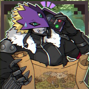 Rule 34 | babamon, beelzebumon, digimon, digimon (creature), gloves, green eyes, jacket, map, mask, sticker