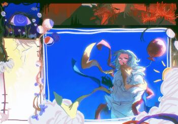 1boy ^_^ absurdres air_bubble aotsuki_eito balloon blood blood_spray bubble closed_eyes cloud commentary disembodied_eye eyeball flower glasses gloves grey_hair grin hashtag-only_commentary highres holding holding_weapon jacket male_focus multiple_views no_eyes open_mouth purple_eyes red_ribbon ribbon sanye_orz short_hair slit_throat smile spider_lily suicide sun the_hundred_line_-last_defense_academy- weapon white_jacket wind yellow_ribbon