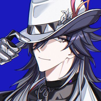 Rule 34 | 1boy, adjusting clothes, adjusting headwear, ashveil (honkai: star rail), black hair, blue background, bright pupils, fedora, fingernails, gradient hair, grey eyes, hair over one eye, hashtag-only commentary, hat, hat ornament, honkai: star rail, honkai (series), jewelry, light smile, long hair, male focus, mechanical hands, multicolored hair, necklace, single mechanical hand, turtleneck, v 1a00