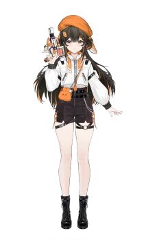 1girl absurdres ahoge animal_bag animal_ear_headwear bag black_hair black_shoes black_shorts braid carrot_hair_ornament center-flap_bangs closed_mouth colored_inner_animal_ears fake_animal_ears food-themed_hair_ornament full_body hair_between_eyes hair_ornament hand_up hat highres holding holding_water_gun jacket liko_(virtuareal) long_hair multicolored_hair nijisanji official_art orange_bag orange_hair orange_hat rabbit_girl shoes shorts shoulder_bag simple_background smile solo standing straight-on streaked_hair tachi-e tail transparent_background two-tone_hair virtual_youtuber virtuareal water_gun white_jacket yellow_eyes