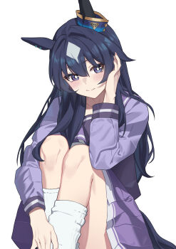 1girl absurdres blue_eyes blue_hair highres long_hair sailor_collar school_uniform simple_background sitting socks solo tracen_school_uniform tuomali umamusume verxina_(umamusume) white_background white_socks