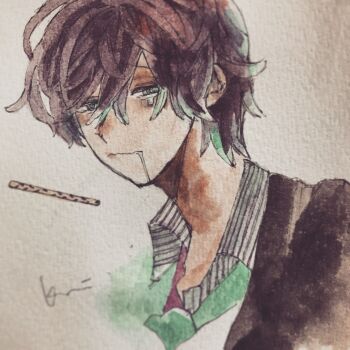 Rule 34 | 1boy, absurdres, acrylic paint (medium), blazer, brown hair, collared shirt, commentary request, gradient hair, green eyes, highres, hypnosis mic, jacket, kannonzaka doppo, karintoun, looking at viewer, medium hair, messy hair, multicolored hair, painting (medium), portrait, shirt, short hair, signature, simple background, striped clothes, striped shirt, tears, traditional media, watercolor (medium), white background