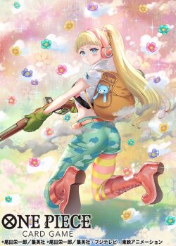 1girl backpack bag blonde_hair blue_eyes blunt_bangs blush_stickers boots closed_mouth commentary_request copyright_name eyelashes flower gloves green_gloves gun headphones hibari_(one_piece) highres holding holding_gun holding_weapon kneeling looking_back official_art one_piece one_piece_card_game pantyhose pisuke ponytail short_sleeves smoke solo sparkle striped_clothes striped_pantyhose stuffed_animal stuffed_toy teddy_bear weapon