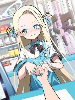 1girl absurdres angel's_24_uniform_(blue_archive) apron barcode_scanner blonde_hair blue_apron blue_archive blue_eyes blue_halo blush bomb cashier coin commentary_request explosive forehead frillism gun halo highres holding id_card long_hair looking_at_viewer looking_to_the_side polo_shirt pov pov_hands shirt shop short_sleeves solo sora_(blue_archive) store_clerk submachine_gun two_side_up very_long_hair weapon white_shirt