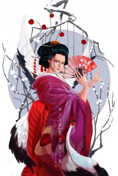 1girl 2018 artist_name bird black_hair blue_eyes character_name circle closed_mouth commentary hand_fan highres holding holding_fan japanese_clothes k164 kimono nico_robin nico_robin_(wano) nihongami obi official_alternate_costume one_piece red_sash sash smile wide_sleeves wings