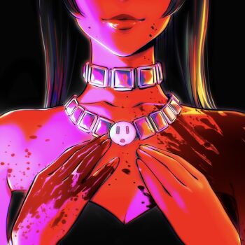 1girl bare_shoulders black_background black_hair blood blood_on_body blood_on_face blood_on_hands breasts choker commentary english_commentary eyes_out_of_frame head_out_of_frame highres ilya_kuvshinov jewelry lips long_hair necklace original solo upper_body