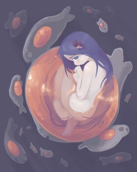 1girl artist_name barefoot black_hair blue_eyes completely_nude egg_yolk fetal_position fish floating food food_on_head fried_egg highres kurohanenone long_hair mushroom mushroom_on_head nude object_on_head shimeji_simulation tsukishima_shijima very_long_hair