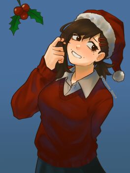 absurdres arm_behind_back black_hair breasts brown_eyes chainsaw_man chammy_space commentary english_commentary grey_shirt grey_skirt hair_ornament hairclip hand_in_own_hair hand_up hat head_tilt higashiyama_kobeni high_collar highres large_breasts looking_at_viewer looking_to_the_side medium_hair mistletoe mole mole_under_eye purple_background red_sweater santa_hat shirt simple_background skirt smile sweater upper_body