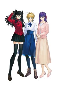3girls absurdres ahoge arlizi arm_up artoria_pendragon_(fate) black_hair black_skirt blonde_hair blue_bow blue_pantyhose blue_ribbon blue_skirt bow braid brown_shoes collarbone collared_shirt expressionless fate/stay_night fate_(series) floating full_body green_eyes hair_bow hair_ribbon highres lace-up_heels light_frown long_hair long_skirt long_sleeves looking_at_viewer looking_to_the_side matou_sakura miniskirt multiple_girls neck_ribbon pantyhose pink_shoes print_shirt purple_hair red_ribbon red_shirt ribbon saber_(fate) shirt shoes short_hair side-by-side sidelocks simple_background skirt smile thighhighs tohsaka_rin twintails white_background white_shirt zettai_ryouiki