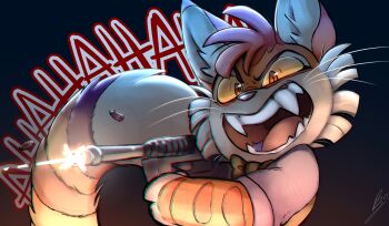 1boy animal_nose black_background bow bowtie bullet calvin_freckle_mcmurray cat_boy cat_tail colored_sclera commentary english_commentary fangs furry furry_male gun highres holding holding_gun holding_weapon lackadaisy laughing male_focus open_mouth orange_eyes orange_fur shirt simple_background solo tail tongue upper_body weapon whiskers white_shirt wolfaroon yellow_bow yellow_bowtie yellow_sclera