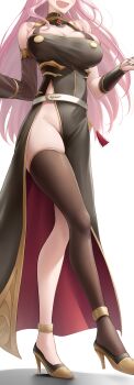 1girl absurdres bare_shoulders belt black_dress black_nails black_sleeves breasts brown_thighhighs cleavage commentary detached_sleeves dress english_commentary fang fingernails groin high_heels highres hololive hololive_english large_breasts long_hair long_sleeves mori_calliope mori_calliope_(1st_costume) nail_polish open_mouth pink_hair see-through_clothes see-through_sleeves shoes simple_background single_bracer single_detached_sleeve single_thighhigh skin_fang smile solo somebody_(leiking00) tassel thighhighs thighs virtual_youtuber white_background white_belt yellow_shoes