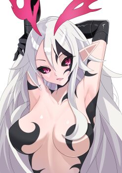 absurdres alternate_hair_color arms_behind_head arms_up aura black_sclera body_markings breasts cleavage colored_sclera corruption dark_persona demon_girl disgaea disgaea_rpg elbow_gloves facial_mark gloves highres large_breasts liezerota_(disgaea) long_hair looking_to_the_side makai_senki_disgaea_5 octpus official_alternate_hair_color pointy_ears possessed red_eyes siblings simple_background slit_pupils spoilers stretching very_long_hair void_dark_(disgaea) white_background white_hair