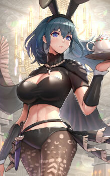 1girl animal_ears black_hair blue_eyes breasts female_byleth_(fire_emblem) cape cleavage cleavage_cutout clothing_cutout dagger fake_animal_ears fire_emblem fire_emblem:_three_houses from_below gonzarez highres holding holding_tray jewelry knife large_breasts lips long_hair navel necklace nintendo pantyhose rabbit_ears solo tea_set tray weapon