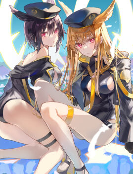 2girls beret black_gloves black_hair black_headwear black_jacket black_one-piece_swimsuit blonde_hair breasts closed_mouth commentary fate/grand_order fate_(series) feathers geirskogul_(fate) gloves glowing hand_on_own_thigh hat head_wings high_heels highres jacket long_hair long_sleeves looking_at_viewer medium_breasts multiple_girls one-piece_swimsuit open_clothes open_jacket ortlinde_(fate) ortlinde_(swimsuit_assassin)_(fate) parted_lips poppoman red_eyes sideboob swimsuit thigh_strap thrud_(fate) thrud_(swimsuit_assassin)_(fate) valkyrie_(fate) wings