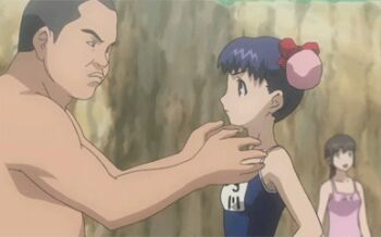 00s 1boy 2girls :o age_difference alternate_hairstyle angry animated animated_gif anime_screenshot assisted_exposure black_hair blue_hair blue_one-piece_swimsuit blurry blush bouncing_breasts bow breasts bun_cover casual_one-piece_swimsuit choko choko_(chokotto_sister) chokotto_sister close-up clothes_pull depth_of_field double_bun eye_contact fat fat_man from_side hair_bow hair_bun hair_up loli looking_at_another lowres multiple_girls name_tag nipples one-piece_swimsuit one-piece_swimsuit_pull open_mouth outdoors parted_lips pink_one-piece_swimsuit public_indecency public_nudity rock school_swimsuit short_hair small_breasts standing strap_pull surprised swimsuit undressing upper_body you_gonna_get_raped