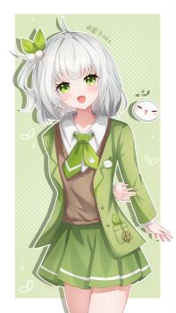 1girl brown_vest commentary_request green_eyes green_jacket green_necktie green_skirt grey_hair hair_ornament highres jacket leaf_hair_ornament long_sleeves looking_at_viewer medium_hair necktie open_mouth original school_uniform shirt short_hair skirt smile vest white_hair white_shirt yuanzi_ako