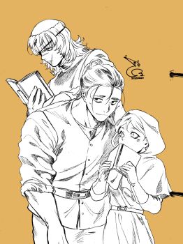 Rule 34 | 1girl, 2boys, absurdres, badeni, bae (baebae), belt, book, capelet, chi.: chikyuu no undou ni tsuite, commentary request, cowboy shot, dated, eyepatch, gloves, hair bun, hand on own neck, highres, holding, holding book, hood, hood up, hooded capelet, jolenta, korean commentary, looking at another, medium hair, monochrome, multiple boys, nervous smile, oczy, open book, orange background, reading, scar, scar on face, scar on mouth, scar on nose, sketch, sleeves rolled up, smile, sweatdrop, tabard, tonsure, updo, vest