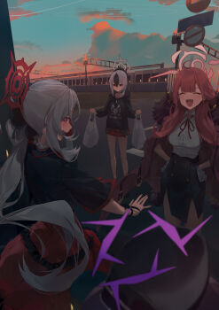 4girls absurdres aru_(blue_archive) bag black_hair black_hat black_hoodie black_scrunchie black_shirt black_skirt blue_archive blush closed_eyes closed_mouth coat coat_on_shoulders evening fur_collar gloves grey_hair grey_halo hair_between_eyes hair_ornament hair_scrunchie halo hands_on_own_hips haruka_(blue_archive) hat high-waist_skirt highres holding holding_bag hood hoodie kayoko_(blue_archive) long_hair multicolored_hair multiple_girls mutsuki_(blue_archive) open_mouth outdoors pink_halo plaid_clothes plaid_skirt plastic_bag ponytail problem_solver_68_(blue_archive) purple_halo red_coat red_eyes red_hair red_halo red_skirt scrunchie shirt side_ponytail side_slit sidelocks skirt train two-tone_hair white_gloves white_shirt zhihuigugudegezi