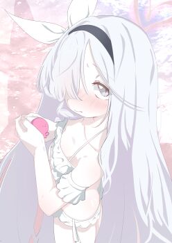 1girl absurdres arca.live_(website) bad_link bikini black_hairband blue_archive blush bow breasts closed_mouth detached_sleeves fingernails flat_chest frilled_bikini frilled_sleeves frills grey_eyes hair_between_eyes hair_bow hair_over_one_eye hair_ribbon hairband halo hands_up heart heart_halo highres holding loli long_hair looking_at_viewer ocean one_eye_covered pink_halo plana_(blue_archive) ribbon sand sharp_to_sharp short_sleeves small_breasts solo standing swimsuit takopii takopii_no_genzai thighs very_long_hair white_bikini white_hair white_ribbon
