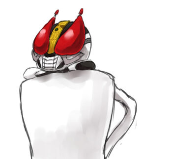 Rule 34 | 1boy, armor, bad id, bad pixiv id, chibi, coffee mug, cup, food, fruit, helmet, kamen rider, kamen rider den-o, kamen rider den-o (series), male focus, mask, masked, masked male, mug, peach, peeking out, red armor, red eyes, sketch, uori