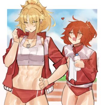 2girls abs absurdres blonde_hair commentary deccatezu english_commentary fate/grand_order fate_(series) fujimaru_ritsuka_(female) green_eyes hair_between_eyes hand_on_own_hip heart highres jacket jewelry long_hair looking_at_another mordred_(fate) multiple_girls navel necklace open_mouth orange_eyes orange_hair outdoors pants ponytail red_jacket short_hair side_ponytail sweat toned toned_female track_jacket track_pants yuri