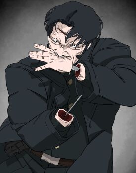 1boy biting_hand black_coat black_hair black_shirt chainsaw_man coat grey_background highres katana_man_(chainsaw_man) looking_at_viewer scar scar_on_face shirt short_hair shunsuke_(narunaru37101) sideburns simple_background solo trench_coat