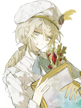 Rule 34 | 1boy, anlingennny, beret, blonde hair, blue eyes, blue ribbon, chinese commentary, commentary request, edgar valden, edgar valden (golden ratio), frilled sleeves, frills, gloves, hair between eyes, hat, hat feather, head tilt, highres, holding painting, identity v, long hair, long sleeves, looking at viewer, male focus, painting (object), ponytail, ribbon, shirt, sidelocks, simple background, single glove, solo, upper body, white background, white hat, white shirt, yellow gloves, yellow ribbon