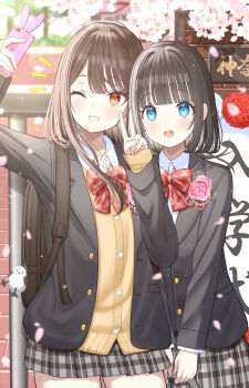 2girls :d absurdres bag black_hair blazer blue_eyes blush brown_hair cellphone commentary_request day entrance_ceremony flower grin happy highres holding holding_phone jacket long_hair long_sleeves looking_at_phone medium_hair mizukoshi_(marumi) multiple_girls neckerchief notice_lines one_eye_closed open_mouth original outdoors phone pink_flower pleated_skirt red_eyes school_bag school_gateway school_uniform selfie shirt skirt smartphone smile standing v white_shirt