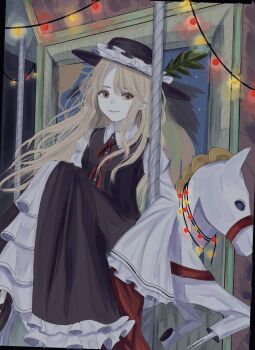 1girl blonde_hair boots brown_boots brown_hat brown_skirt brown_vest carousel closed_mouth commentary_request fedora frilled_hat frilled_shirt_collar frilled_skirt frills full_body hat hat_feather hidaka_(hkdk4587) highres holding holding_pole horseback_riding jacket_girl_(dipp) juliet_sleeves long_hair long_sleeves looking_at_viewer pole puffy_sleeves red_eyes riding sidesaddle sitting skirt solo touhou very_long_hair vest wavy_hair