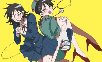 2girls aqua_dress bandaged_neck bandages black_eyes black_hair blazer blood blood_on_clothes blue_jacket blue_sandals blue_skirt blush cable collared_shirt commentary dress dress_shirt drooling fake_blood furrowed_brow futsuu_no_keion-bu green_eyes hair_ornament hairpin halloween_costume hat hatono_chihiro high_heels highres holding holding_microphone jacket kouyama_rin long_sleeves microphone mouth_drool multiple_girls name_tag neck_ribbon nurse nurse_cap official_alternate_costume own_hands_clasped own_hands_together pixie_cut pleated_skirt red_ribbon red_shoes ribbon sandals sanpaku school_uniform shirt shoes short_hair short_sleeves simple_background skirt slides socks stethoscope_around_neck sweat white_shirt white_socks wing_collar winter_uniform yellow_background yuyuyu19990926