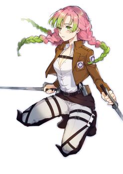 1girl alternate_costume belt braid breasts brown_jacket cleavage crossover dual_wielding full_body gradient_hair green_hair highres holding holding_sword holding_weapon jacket kanroji_mitsuri kimetsu_no_yaiba kneeling long_hair multicolored_hair multiple_braids pants paradis_military_uniform pink_hair shingeki_no_kyojin shinishi_chiho shirt signature simple_background solo sword thigh_belt thigh_strap weapon white_background white_pants white_shirt