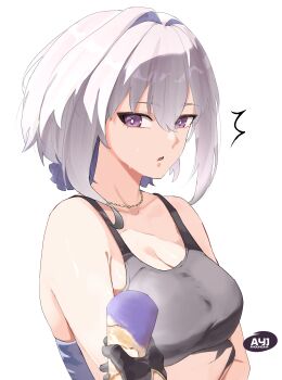 1girl ^^^ absurdres alternate_costume arms_under_breasts artist_name ayoungart bare_shoulders black_gloves breasts cleavage collarbone commentary crossed_arms english_commentary galbrena_(wuthering_waves) gloves grey_hair hair_between_eyes highres holding holding_ice_cream_cone ice_cream_cone jewelry large_breasts looking_at_viewer male_rover_(wuthering_waves) medium_hair necklace pov pov_hands purple_eyes rover_(wuthering_waves) simple_background solo_focus typo upper_body whip wuthering_waves