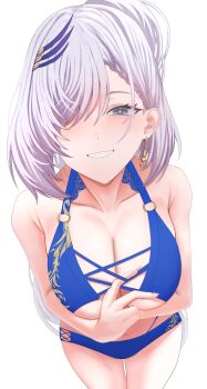 1girl absurdres bikini blue_bikini blush breasts cleavage commentary cowboy_shot eyelashes grey_eyes grey_hair hair_over_one_eye highres hololive hololive_indonesia large_breasts parted_lips pavolia_reine si_farid simple_background smile solo swimsuit virtual_youtuber white_background