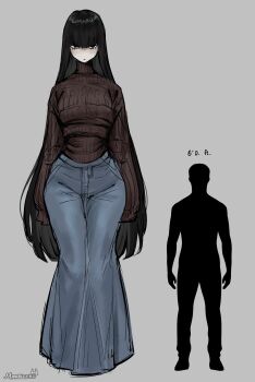 1girl absurdres black_hair blunt_bangs curvy denim denim_skirt height_difference highres jeans long_hair long_sleeves looking_at_viewer marblechii original pale_skin pants skirt sweater tagme tall_female turtleneck