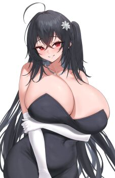 1girl ahoge azur_lane black_dress black_hair breasts collarbone covered_erect_nipples covered_navel cowboy_shot crossed_bangs dress elbow_gloves evening_gown gloves grin hair_between_eyes hair_ornament hand_on_own_arm highres huge_breasts jewelry kuavera large_breasts long_hair looking_at_viewer necklace official_alternate_costume red_eyes simple_background skindentation smile solo taihou_(azur_lane) very_long_hair white_background white_gloves