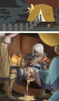 1boy 1girl absurdres after_anal after_vaginal aftersex anal_hair armpits blurry blurry_foreground blush boots bowlegged_pose breasts coat commentary cum cum_in_ass cum_in_pussy cum_on_body cum_on_breasts cum_on_upper_body cum_pool cumdrip cumdump dark-skinned_female dark_skin ebonyxh english_commentary eyes_visible_through_hair female_ejaculation female_pubic_hair freckles grey_hair hair_over_one_eye hetero highres human_toilet medium_hair monster_hunter_(series) monster_hunter_wilds nipples open_mouth original peeing pointy_breasts pubic_hair public_use pussy pussy_juice queue ringed_eyes rolling_eyes scar scar_on_neck short_hair sitting small_breasts eylin_eyla_(ebonyxh) solo_focus spread_legs steaming_body sweat tent restroom_symbol uncensored very_sweaty white_hair white_pubic_hair yellow_eyes