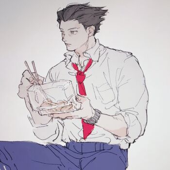 Rule 34 | 1boy, ace attorney, blue pants, box, brown eyes, chopsticks, closed mouth, collared shirt, dadadadadaist, food, grey background, grey hair, holding, holding box, holding chopsticks, imple background, looking to the side, male focus, necktie, open collar, pants, phoenix wright, red necktie, shirt, shirt tucked in, short hair, short sideburns, sideburns, sideways glance, sitting, sketch, sleeves rolled up, solo, watch, white shirt, wing collar, wristwatch