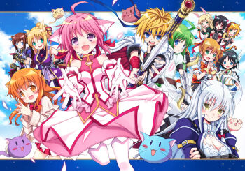 Rule 34 | 10s, 1boy, 6+girls, :3, :d, ahoge, animal ears, bandages, black hair, blonde hair, blue eyes, blush, blush stickers, bow, breasts, brioche d'arquien, brown hair, cape, cat ears, cat tail, cinque izumi, cleavage, closed eyes, crossed arms, dagger, dog days, dog ears, dress, colored bangs, eclair martinozzi, elbow gloves, everyone, fingerless gloves, fox ears, fur trim, gauntlets, gloves, green eyes, green hair, hair ornament, hair ribbon, hairband, headband, holding, jaune clafoutis, knife, large breasts, leonmitchelli galette des rois, long hair, looking at viewer, millhiore f. biscotti, multicolored hair, multiple girls, nean, noir vinocacao, open mouth, orange eyes, orange hair, outstretched arms, own hands together, pantyhose, paw pose, pink hair, ponytail, purple eyes, rabbit ears, rebecca anderson, red eyes, ribbon, ricotta elmar, short hair, silver hair, skirt, smile, staff, tail, takatsuki nanami, two-tone hair, vert farbreton, weapon, white legwear, yellow eyes, yukikaze panettone