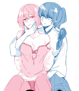 Rule 34 | 10s, 2girls, admiral minami kazusa, bad id, bad twitter id, blush, bra, breasts, cleavage, cupping, female admiral (kancolle), kaga (kancolle), kantai collection, medium breasts, multiple girls, nagomi (mokatitk), panties, pantyhose, side ponytail, strap slip, thigh grab, underwear, yuri